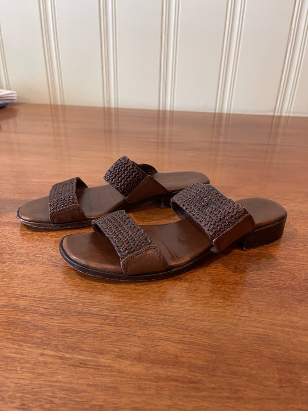Cole Haan Brown Leather Woven Double-Strap Slide Sandals Flats with Low Heel